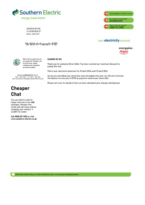 United Kingdom Southern Electric proof of address business utility bill template in Word and PDF formats